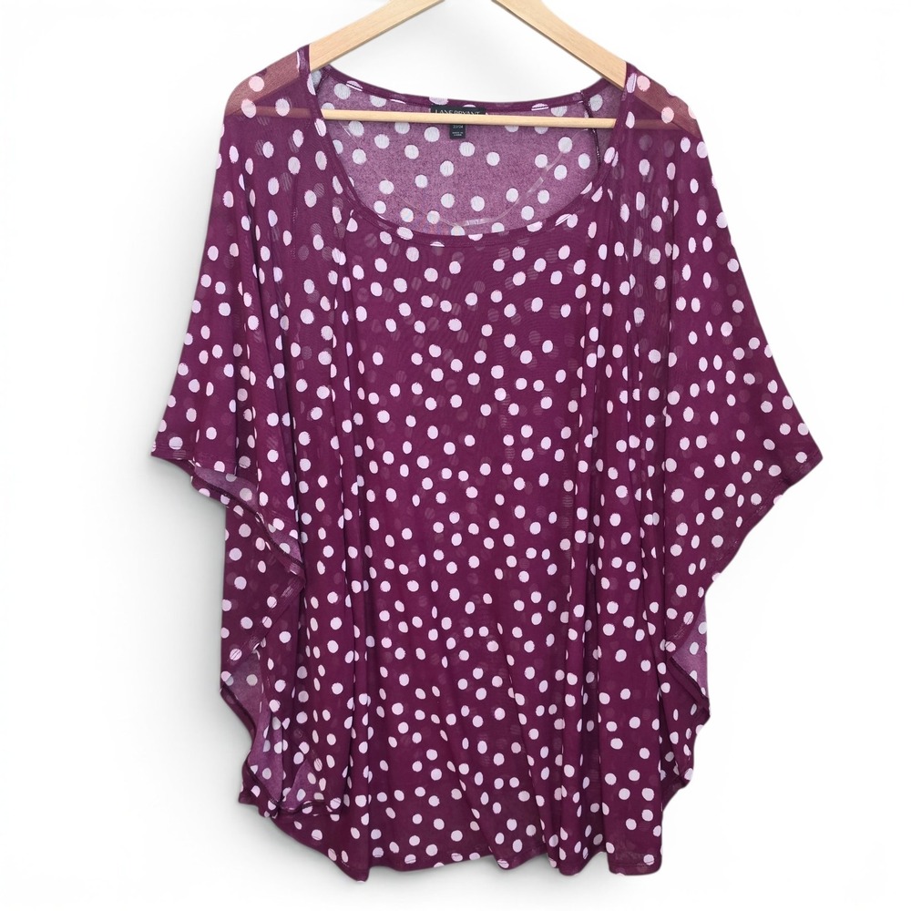 Lane Bryant Top Womens Plus 22/24 Purple Mesh Polka Dot Blouse Flutter Sleeve